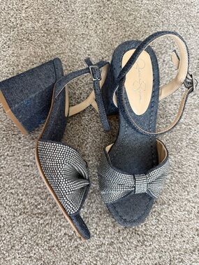Jessica Simpson Denim Block Heel Sandals with Rhinestone Bow - Blue